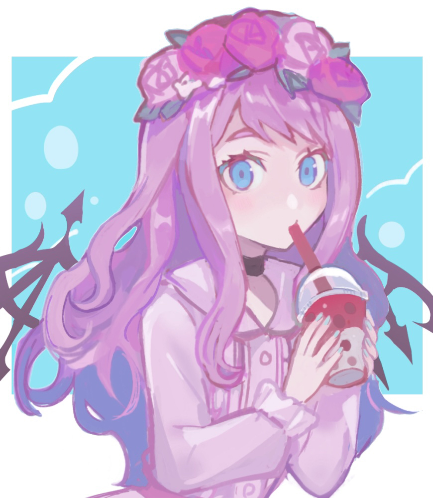 1girl atarashi_coco black_choker black_wings blue_eyes choker commentary_request cup disposable_cup dress drinking flower holding holding_cup long_hair long_sleeves looking_at_viewer miichinori official_alternate_costume official_alternate_hairstyle pink_dress pink_flower pink_hair shin_subarashiki_kono_sekai solo subarashiki_kono_sekai wings