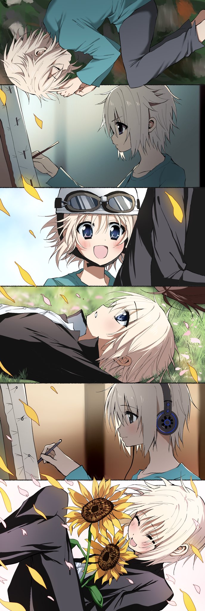 3boys :d age_progression aqua_shirt blue_eyes blush canvas_(object) closed_eyes flower gakuran goggles goggles_on_headwear grey_pants happy headphones helmet highres holding holding_flower holding_paintbrush kasukasugom1 kusanagi_naoya long_sleeves looking_at_object looking_up lying motorcycle_helmet multiple_boys multiple_views natsume_kei_(sakura_no_uta) on_back on_side open_mouth paintbrush pants petals sakura_no_toki sakura_no_uta school_uniform shirt short_hair smile sunflower sunflower_petals white_hair