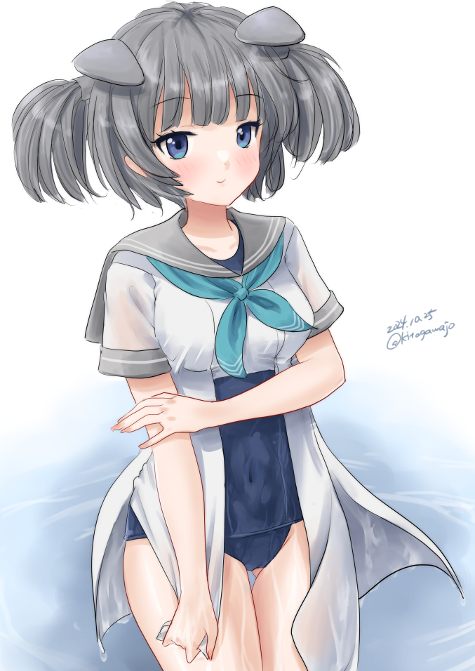 1girl aqua_neckerchief blue_eyes blue_one-piece_swimsuit breasts cowboy_shot dated grey_hair grey_sailor_collar headgear i-36_(kancolle) kantai_collection kitagawa_mikio looking_at_viewer medium_breasts name_tag neckerchief old_school_swimsuit one-piece_swimsuit sailor_collar sailor_shirt school_swimsuit shirt short_hair short_sleeves solo swimsuit swimsuit_under_clothes twintails twitter_username water wet wet_clothes wet_swimsuit white_background