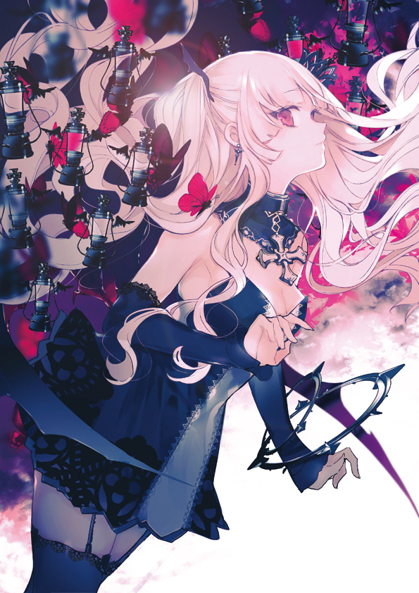1girl bad_id bad_pixiv_id bare_shoulders black_dress black_thighhighs blonde_hair breasts bug butterfly cierra_(ra-bit) collar commentary_request cowboy_shot detached_sleeves dress earrings female_focus garter_straps insect jewelry long_hair original red_eyes short_dress solo strapless strapless_dress thighhighs