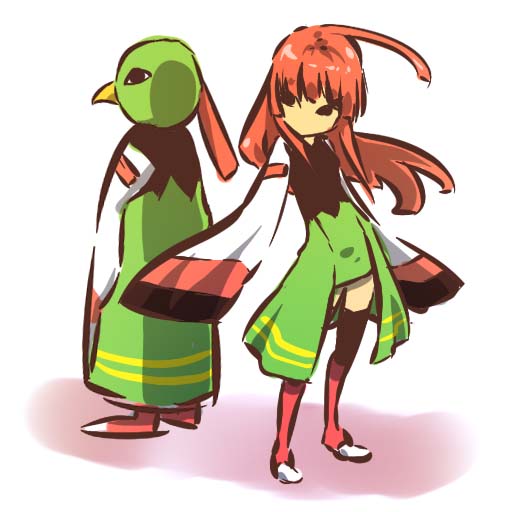 &lt;o&gt;_&lt;o&gt; 1990s_(style) 1girl ahoge back-to-back costume creature_and_personification creatures_(company) game_freak gen_2_pokemon hitec long_hair long_sleeves moemon nintendo personification pokemon pokemon_(creature) pokemon_gsc red_hair retro_artstyle sleeves_past_wrists thighhighs xatu zettai_ryouiki