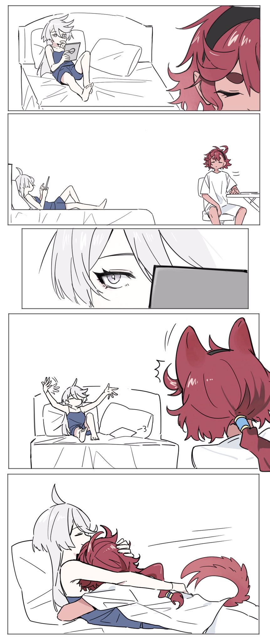 2girls animal_ears comic gundam gundam_suisei_no_majo highres hug knightym22 miorine_rembran multiple_girls pillow red_hair suletta_mercury tail white_hair yuri