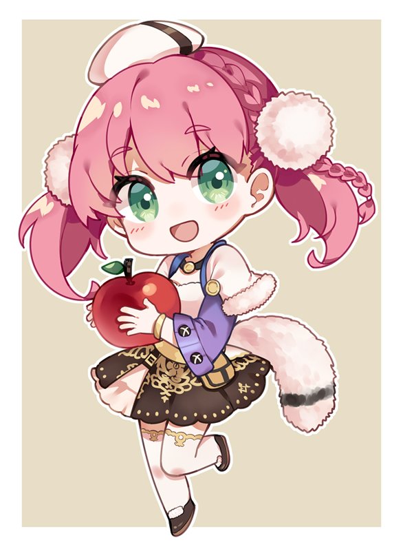 1girl :d apple atelier_(series) atelier_escha_&amp;_logy black_shoes black_skirt bracelet braid chibi commentary_request escha_malier food fruit full_body green_eyes hair_ornament hat holding holding_food holding_fruit jacket jewelry long_hair long_sleeves looking_at_viewer mini_hat open_mouth pink_hair pom_pom_(clothes) pom_pom_hair_ornament purple_jacket sharlorc shirt shoes skirt smile solo standing standing_on_one_leg tail thighhighs twintails white_shirt white_thighhighs