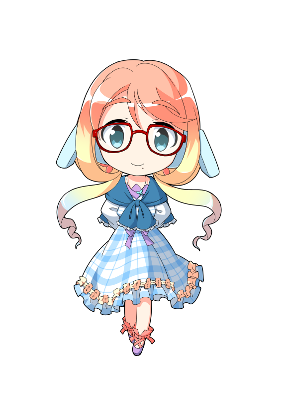 1girl ankle_lace-up arms_behind_back blonde_hair blue_dress blue_eyes chibi closed_mouth commentary_request dairi dress female_focus frilled_dress frills full_body glasses gradient_hair hair_ornament haruno_sora jewelry long_hair long_sleeves looking_at_viewer mole mole_under_mouth multicolored_hair pendant plaid_clothes plaid_dress purple_footwear red-framed_eyewear red_ribbon ribbon smile solo standing straight-on tachi-e transparent_background vocaloid voiceroid