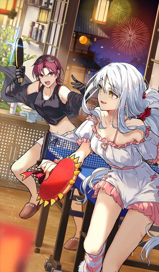 2girls ball bare_shoulders bazett_fraga_mcremitz black_gloves black_jacket black_tank_top breasts caren_hortensia caren_hortensia_(amor_caren) carimarica dress fate/grand_order fate_(series) fireworks gloves jacket large_breasts long_hair long_sleeves low_twintails manannan_mac_lir_(fate) medium_breasts multiple_girls off_shoulder official_art open_mouth paddle parted_bangs red_eyes red_hair short_dress short_hair short_sleeves shorts smile socks table_tennis table_tennis_ball table_tennis_paddle tank_top twintails wavy_hair white_dress white_hair white_shorts white_socks yellow_eyes