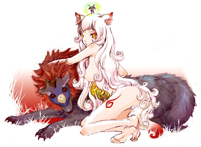 1girl amaterasu_(ookami) animal_ears barefoot capcom issun long_hair nude oki okikurumi_(ookami) ookami_(game) personification role_reversal tail tattoo white_hair wolf_ears
