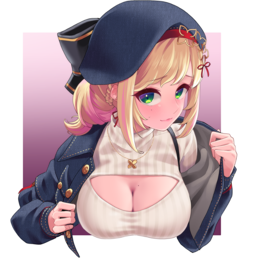 1girl beret blonde_hair blush braid breasts cleavage cleavage_cutout clothing_cutout denim denim_jacket green_eyes hakkaku_shikimi hat jacket jewelry large_breasts looking_at_viewer meme_attire mole mole_on_breast mole_under_eye multicolored_hair necklace nijisanji nijisanji_kr open-chest_sweater open_clothes open_jacket removing_jacket seffyna solo streaked_hair sweatdrop sweater turtleneck turtleneck_sweater undressing virtual_youtuber