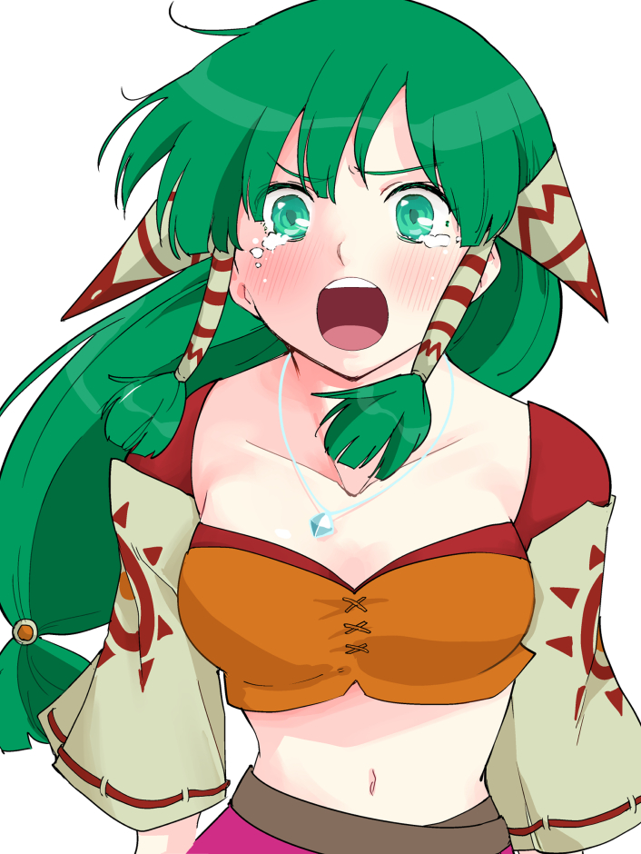 1girl breasts collarbone crying crying_with_eyes_open feena_(grandia) grandia grandia_i green_eyes green_hair hair_ornament hair_tubes jewelry long_hair looking_at_viewer low-tied_long_hair medium_breasts midriff navel necklace open_mouth saitou_shouki simple_background solo tears wide_sleeves