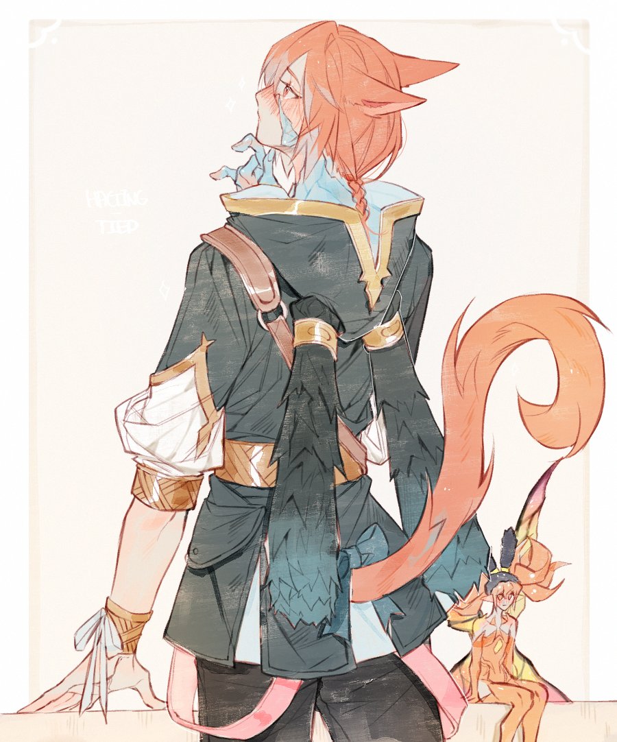 1boy 1other animal_ears blush cat_ears cat_tail closed_mouth cosplay crystal_exarch feo_ul final_fantasy final_fantasy_xiv from_behind g&#039;raha_tia hood hood_down hooded_jacket jacket looking_up material_growth red_eyes red_hair solo_focus spriggan_(final_fantasy) spriggan_(final_fantasy)_(cosplay) tail tladpwl03
