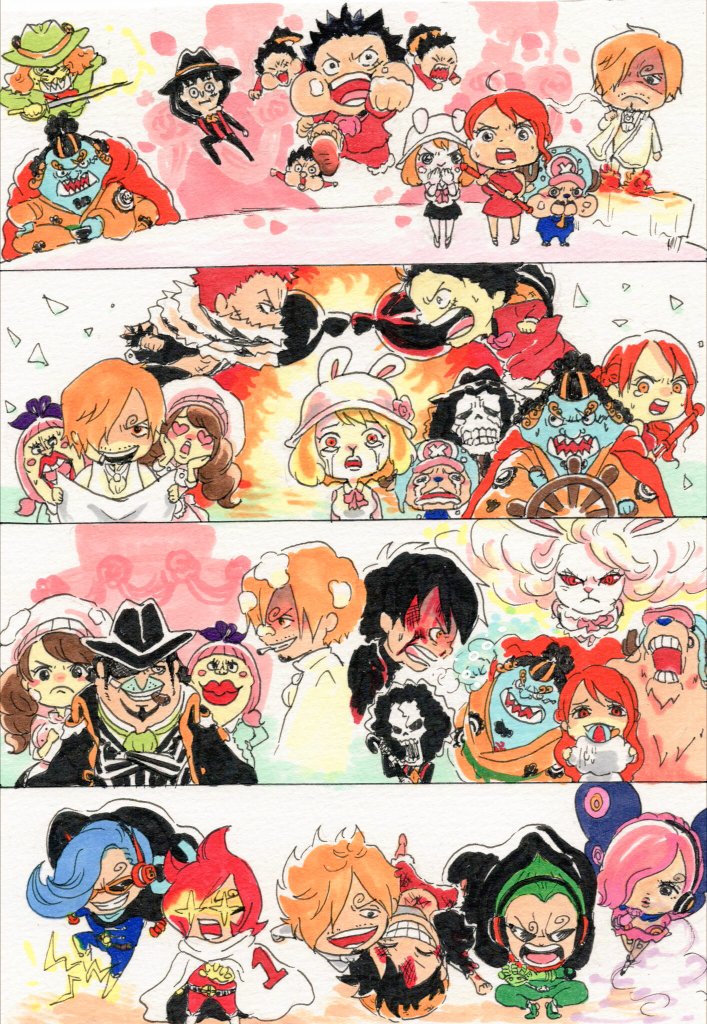 5girls 6+boys afro animal_ears ascot black_hair blood blood_on_face blue_hair blue_skin brook_(one_piece) brown_hair cape capone_gang_bege carrot_(one_piece) carrying carrying_person charlotte_chiffon charlotte_katakuri charlotte_pudding chibi cigarette colored_skin commentary_request crying cup curly_eyebrows facial_hair fish_boy goatee green_hair hair_bun hair_over_one_eye half_updo hat headphones holding holding_cup holding_staff holding_sword holding_weapon hood hooded_cape japanese_clothes jinbe_(one_piece) kimono looking_at_viewer monkey_d._luffy multiple_boys multiple_girls mustache_stubble nami_(one_piece) nami_(one_piece)_(whole_cake_island) one_piece orange_hair orange_kimono pedro_(one_piece) pink_ascot pink_hair profile pupil308 rabbit_ears rabbit_girl red_eyes red_hair red_lips roronoa_zoro sanji_(one_piece) scar scar_on_face sharp_teeth short_hair skeleton smile staff straw_hat stubble sulong_form sunglasses sweatdrop sword tears teeth tony_tony_chopper tusks v-shaped_eyebrows vinsmoke_ichiji vinsmoke_niji vinsmoke_reiju vinsmoke_yonji weapon white_hair zeus_(one_piece)