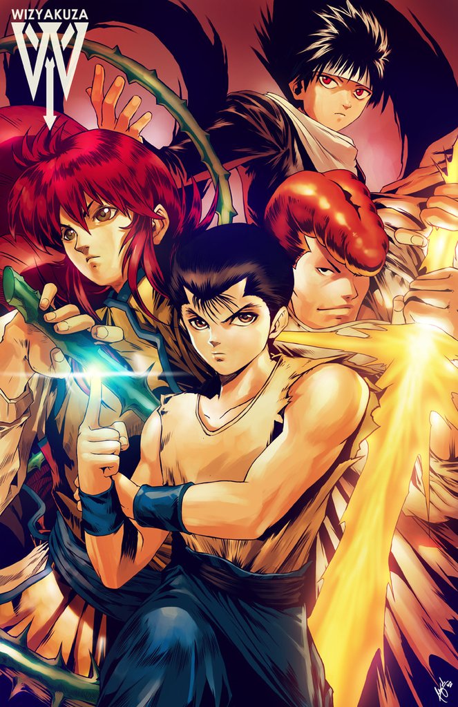 4boys black_hair brown_eyes brown_hair energy_sword headband hiei kurama_(yu_yu_hakusho) kuwabara_kazuma long_hair male_focus manly multiple_boys plant pompadour red_eyes red_hair short_hair sleeveless sword urameshi_yuusuke vine_whip vines weapon wizyakuza yuu_yuu_hakusho