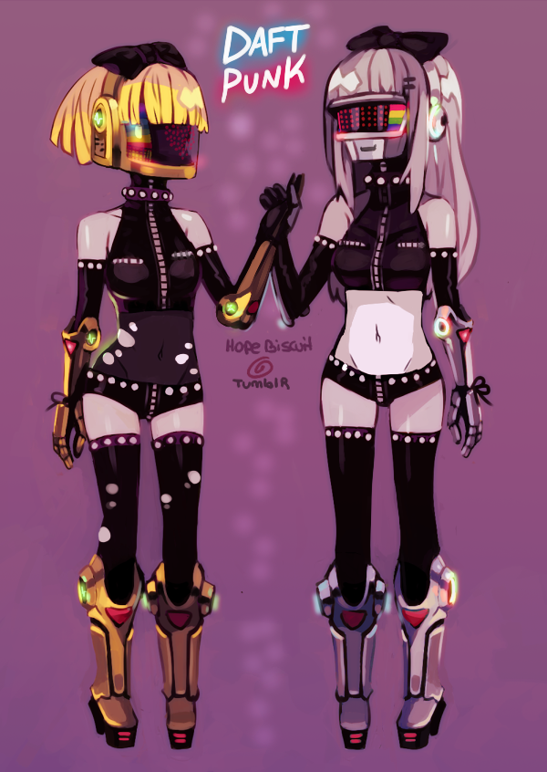 2girls android black_legwear blonde_hair boots bow commentary crop_top daft_punk elbow_gloves gender_request genderswap gloves guy_manuel_de_homem-christo hair_bow hairband halterneck halterneck holding_hands heart helmet hopebiscuit interlocked_fingers knee_boots long_hair mechanical_arms midriff multiple_girls navel short_hair short_shorts shorts thighhighs thomas_bangalter