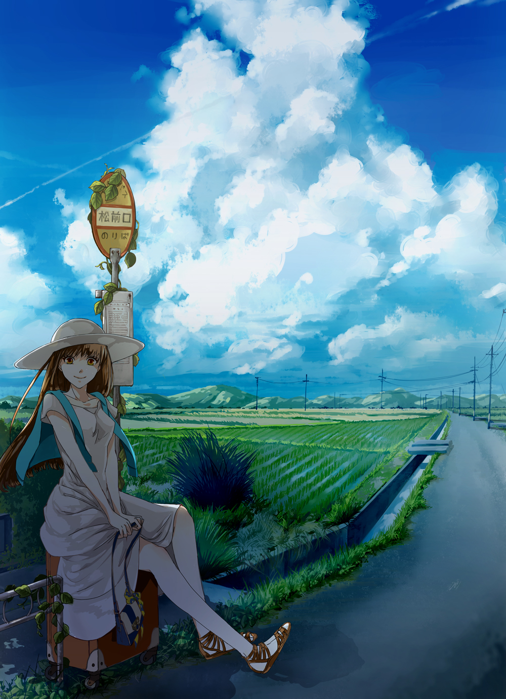 1girl brown_eyes brown_hair bus_stop cloud cloudy_sky commentary_request cumulonimbus_cloud day dress full_body hat highres long_hair looking_at_viewer na_(sodium) original outdoors rice_paddy rural sitting sky sleeveless sleeveless_dress smile solo sundress vacation white_dress