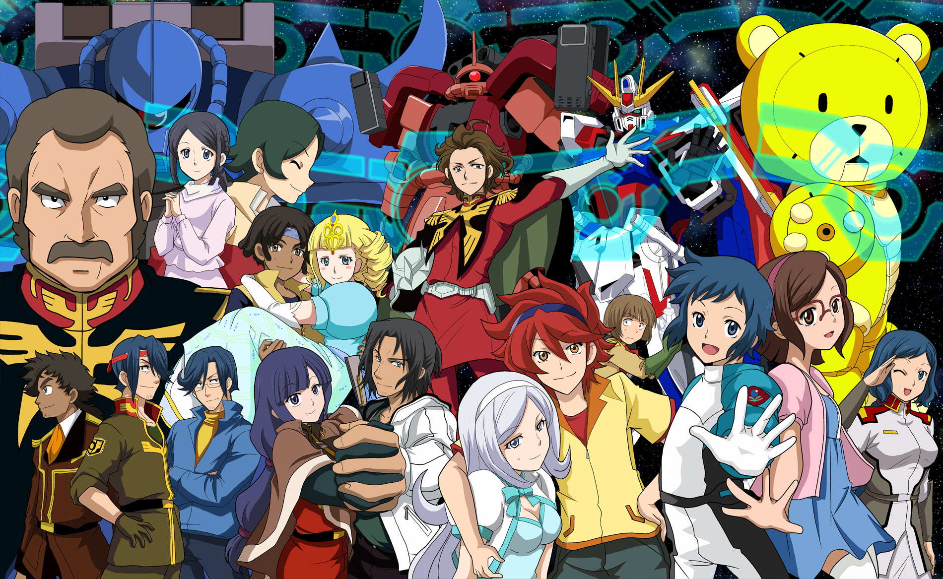 6+boys 6+girls after_war_gundam_x aila_jyrkiainen beargguy_iii black_hair blonde_hair blue_eyes blue_hair brown_eyes brown_hair carrying char_aznable char_aznable_(cosplay) cima_garahau cima_garahau_(cosplay) closed_eyes cosplay dark_skin dreadlocks drill_hair eyewear_on_head facial_hair gabriel_ramirez_garcia gabriel_ramirez_garcia_(cosplay) garrod_ran garrod_ran_(cosplay) glasses gloves gouf gundam gundam_0083 gundam_build_fighters gundam_seed gundam_seed_astray gundam_wing hairband headband heero_yui_(cosplay) heero_yuy heero_yuy_(cosplay) highres holding_hands interlocked_fingers iori_rinko iori_sei irei_haru irei_haru_(cosplay) jimauso julio_renato kira_yamato_(cosplay) kousaka_china long_hair lowe_guele lowe_guele_(cosplay) luang_dallara m'quve m'quve_(cosplay) mario_renato mecha mihoshi_(gundam_bf) misaki_(gundam_bf) mitsuishi_kotono mobile_suit_gundam multiple_boys multiple_girls murrue_ramius murrue_ramius_(cosplay) mustache nils_nielsen one_eye_closed open_mouth over-rim_eyewear princess_carry ral-san ramba_ral ramba_ral_(cosplay) red_hair reiji_(gundam_bf) ricardo_fellini robot salute sazaki_susumu semi-rimless_eyewear short_hair smile star_build_strike_gundam stubble sunglasses tiffa_adill tiffa_adill_(cosplay) victory_gundam voice_actor_connection wink yajima_caroline yasaka_mao yuuki_tatsuya_(gundam_bf) zaku_amazing