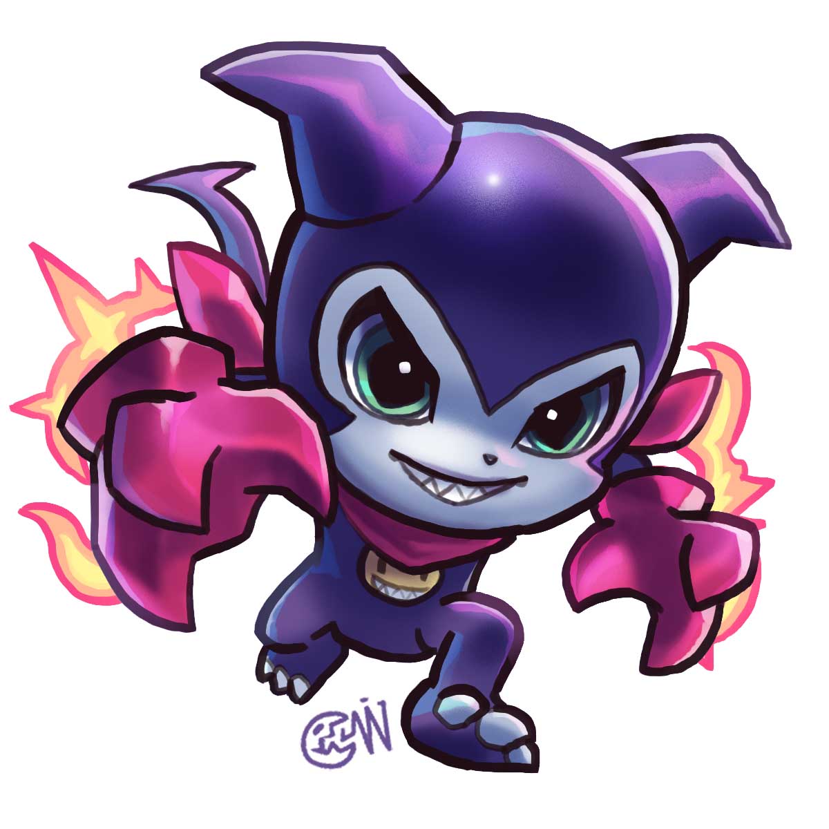 1boy bandana bandana_around_neck chibi colored_skin cwdw digimon digimon_(creature) fewer_digits fire gloves green_eyes highres impmon purple_skin red_bandana red_gloves sharp_teeth simple_background smile smiley_face solo teeth white_background