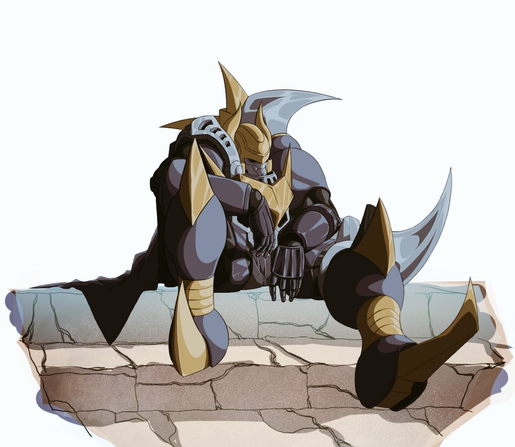 armor dark_knight darkknightmon digimon digimon_(creature) simple_background sitting solo white_background