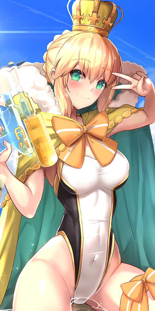 1girl ahoge artoria_pendragon_(fate) artoria_pendragon_(swimsuit_archer)_(fate) artoria_pendragon_(swimsuit_archer)_(third_ascension)_(fate) bikini blonde_hair blush bow braid breasts cape closed_mouth commentary_request competition_swimsuit covered_navel cowboy_shot crown crown_braid day fate/grand_order fate_(series) female_focus fur-trimmed_cape fur_trim green_crown green_eyes highres holding holding_water_gun leg_ribbon looking_at_viewer medium_breasts one-piece_swimsuit orange_bow orange_ribbon ribbon saber_(fate) smile solo swimsuit taut_clothes taut_swimsuit thigh_ribbon thighs untue v v_over_eye water_gun yellow_cape