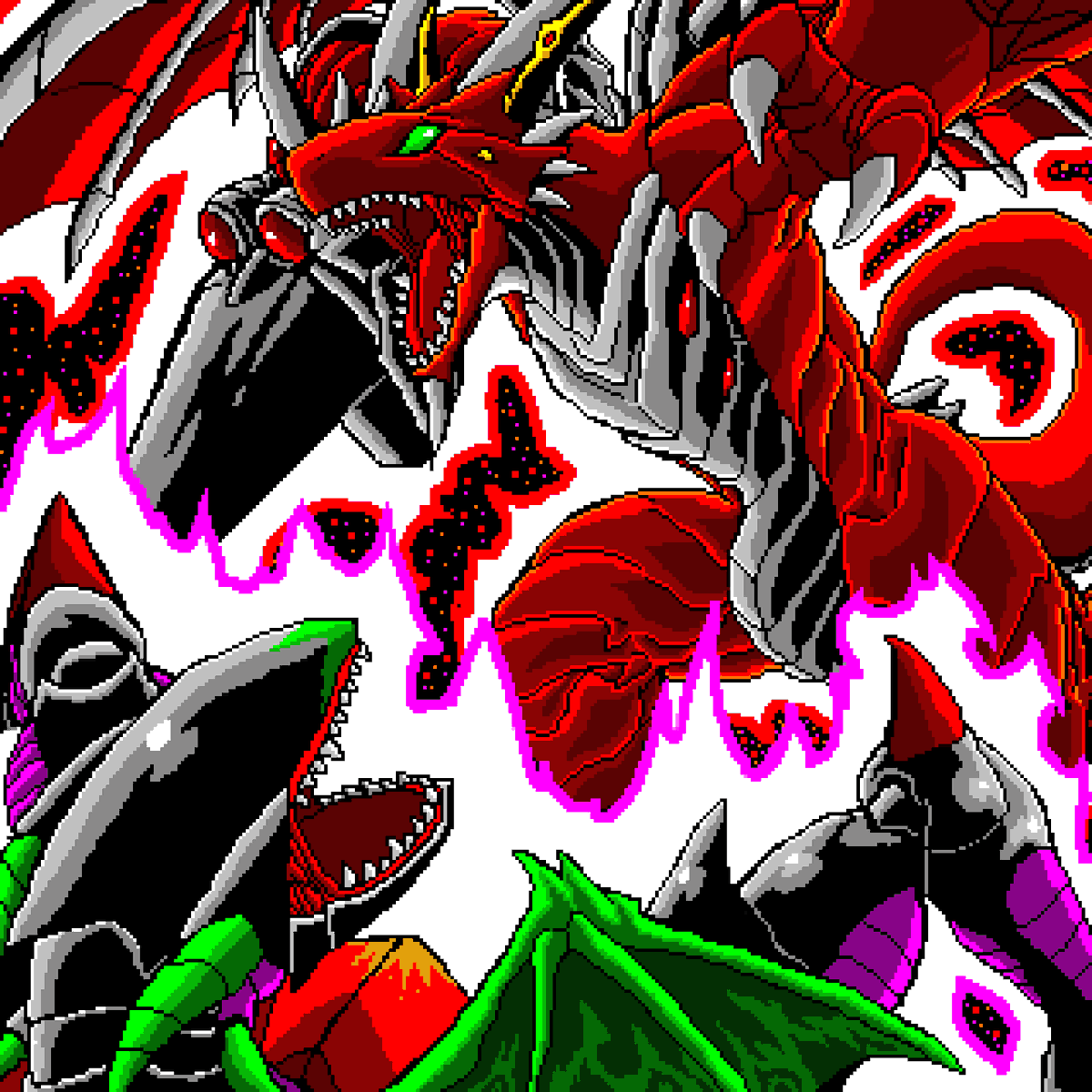 2others digimon digimon_(creature) dragon examon fusion highres lance multiple_others ogudomon polearm sharp_teeth teeth weapon wings