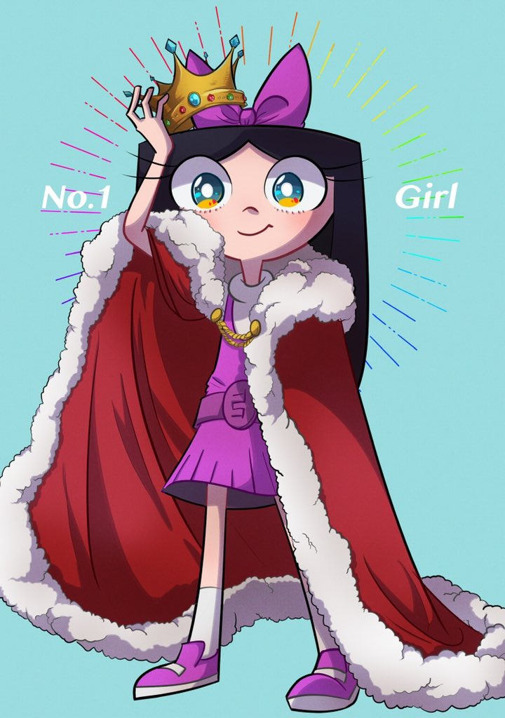 1girl black_hair blue_eyes bow cape commentary_request crown dress english_text full_body hair_bow isabella_garcia-shapiro long_hair multicolored_eyes natchan_blue_(nanairopenki) official_style phineas_and_ferb purple_dress red_cape smile solo toon_(style) yellow_eyes