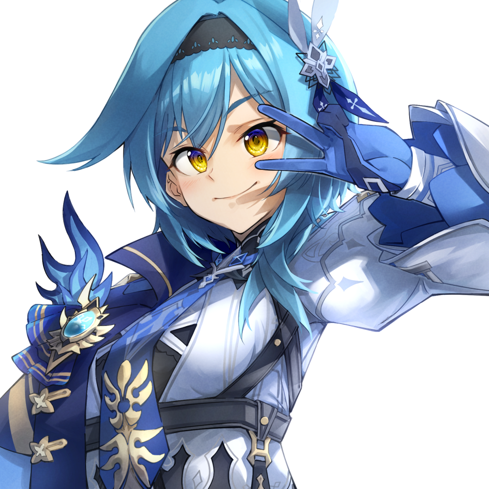 1girl blunt_bangs commentary eula_(genshin_impact) genshin_impact hair_between_eyes hair_ornament hairband long_sleeves looking_at_viewer medium_hair necktie rizihike sidelocks simple_background smile solo two-tone_gloves v vision_(genshin_impact) white_background yellow_background
