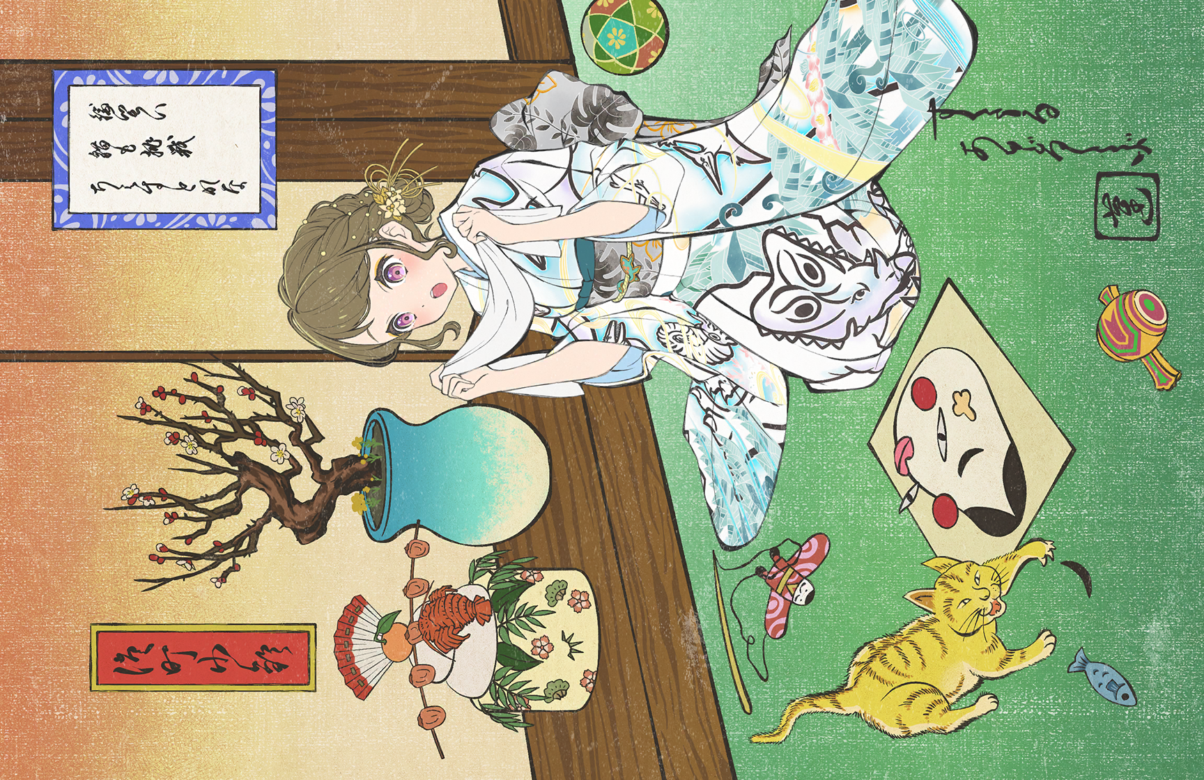 1girl :o animal_print archaic_japanese_text bonsai braid brown_hair cat drawing_(object) fine_art_parody flower full_body game_cg grey_sash hair_bun hair_flower hair_ornament hands_up hasu_no_sora_karuta_(love_live!) highres holding indoors japanese_clothes kachimachi_kosuzu kimono kite link!_like!_love_live! love_live! nihonga obi obiage obijime official_alternate_costume official_alternate_hairstyle official_art open_mouth parody pink_eyes plant potted_plant print_kimono sash seiza short_hair side_braid sidelocks sideways single_hair_bun sitting three-quarter_sleeves sleeves_pushed_up solo swept_bangs teeth third-party_source translation_request upper_teeth_only virtual_youtuber white_kimono wide_sleeves yellow_flower