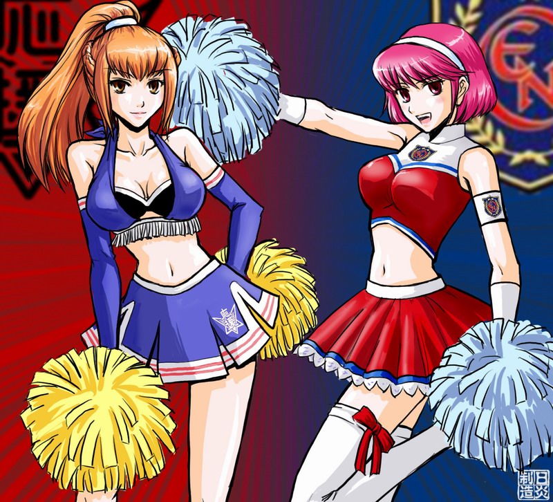 2girls amemiya_sayaka cheerleader headband midriff navel osu!_tatakae!_ouendan pink_hair pom_pom_(cheerleading) ponytail red_hair riyan shirosaki_rin thighhighs multiple_girls