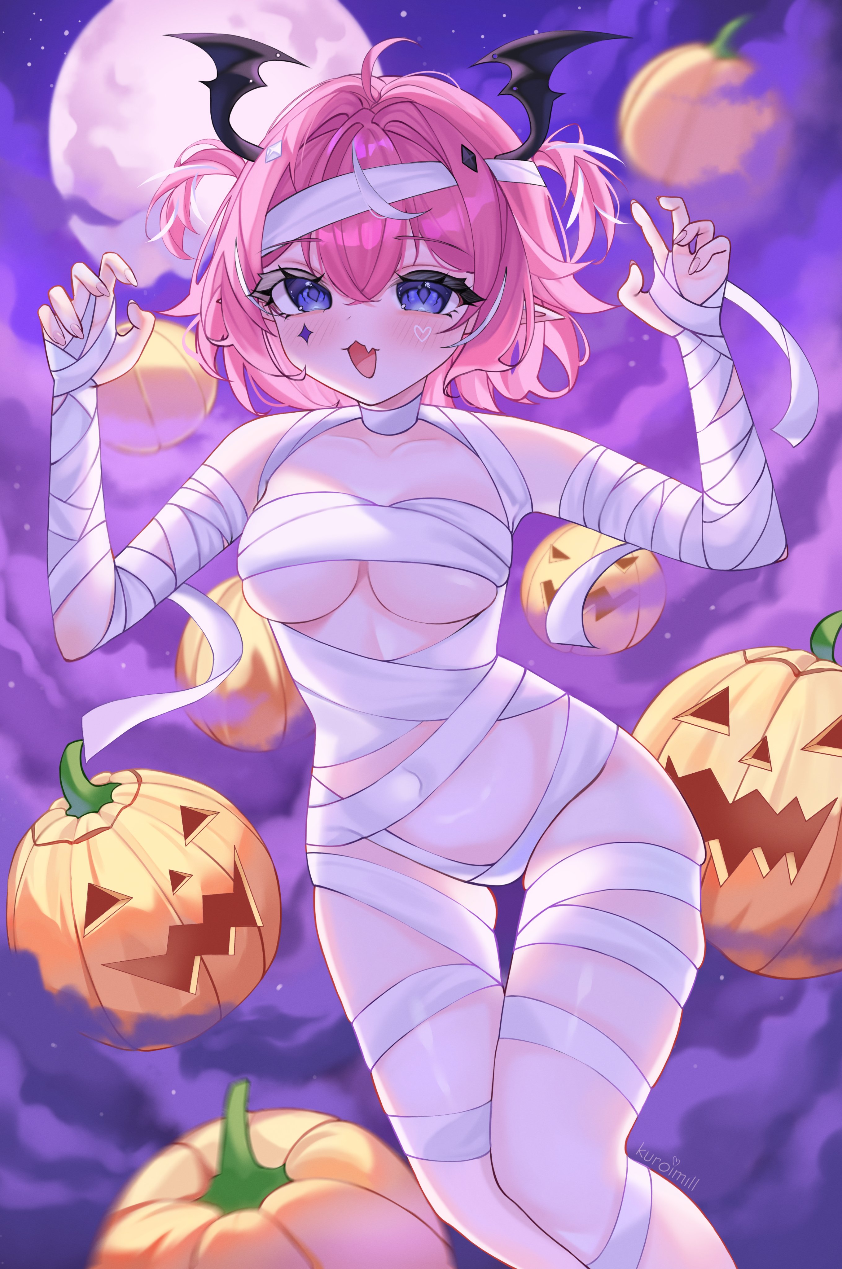Rule 34 Dev - absurdres artist_name blue_eyes breasts camila_(vtuber)  collarbone covered_navel facial_mark fang full_moon hair_ornament halloween  head_wings heart heart_facial_mark highres indie_virtual_youtuber  jack-o-lantern kuroimill moon ...