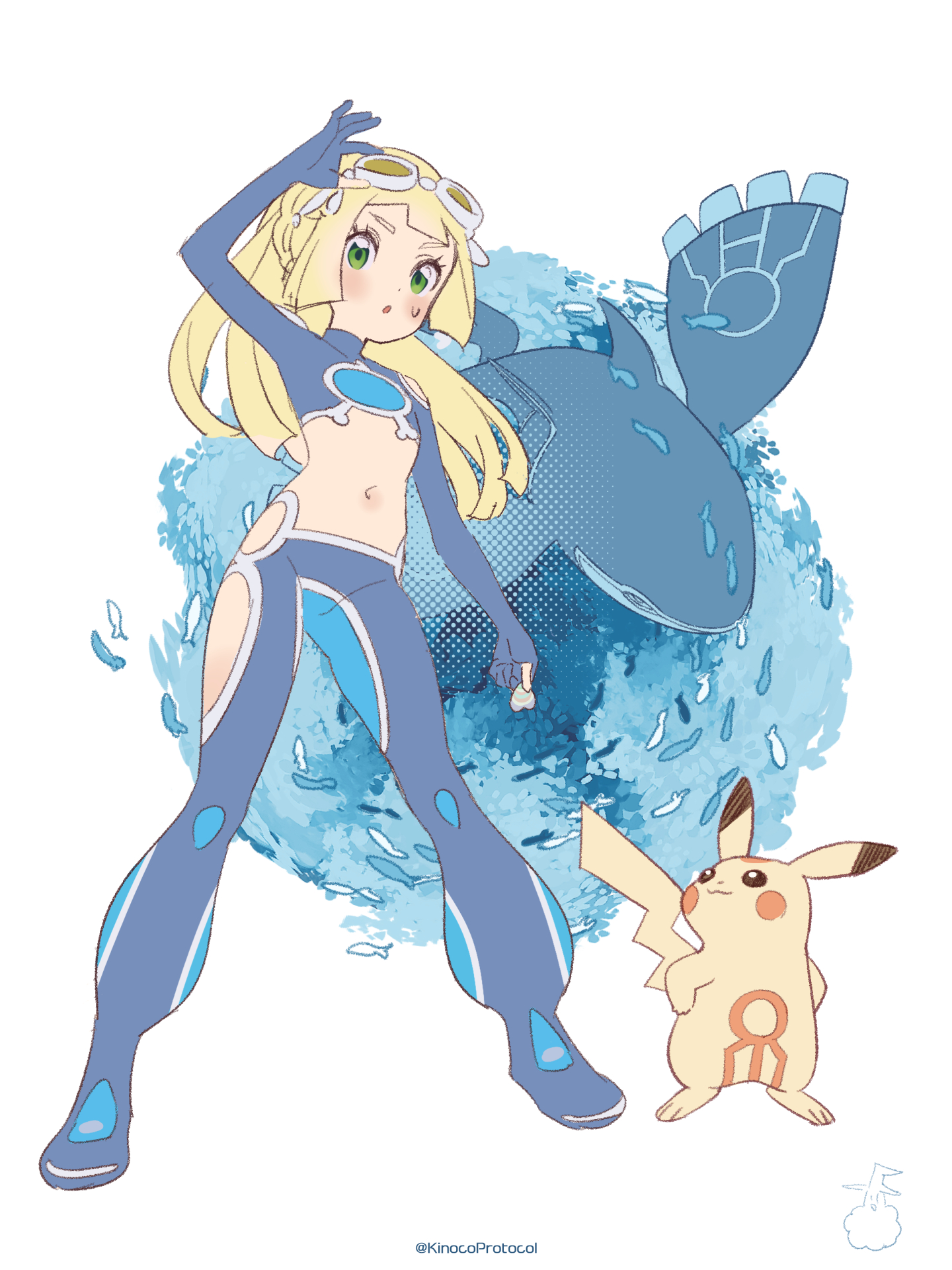 1girl blonde_hair blush cosplay gen_1_pokemon gen_3_pokemon goggles goggles_on_head green_eyes highres kinocopro kyogre legendary_pokemon lillie_(pokemon) long_hair looking_at_viewer midriff navel nintendo pikachu pokemon pokemon_(creature) pokemon_oras pokemon_sm shelly_(pokemon) shelly_(pokemon)_(cosplay) team_aqua_uniform