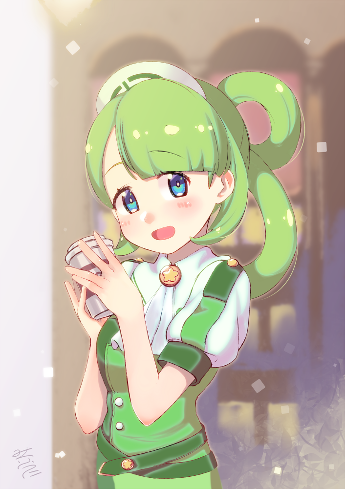 1girl blue_eyes blunt_bangs blush female_focus green_hair hair_rings hat holding long_hair looking_at_viewer nintendo nurse_cap open_mouth outdoors parted_bangs pokemon pokemon_masters_ex short_sleeves smile solo standing trinnia_(pokemon) unier upper_body