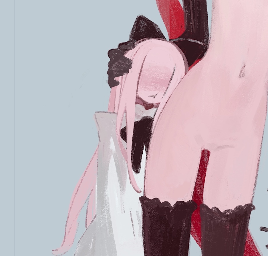 1girl 1other :t black_bow black_gloves black_thighhighs blacked_hand_(meme) blonde_hair blue_background bow dress esloena faceless faceless_female gloves groin hair_bow hand_on_another&#039;s_head long_hair meme navel nude original red_hair tall thighhighs