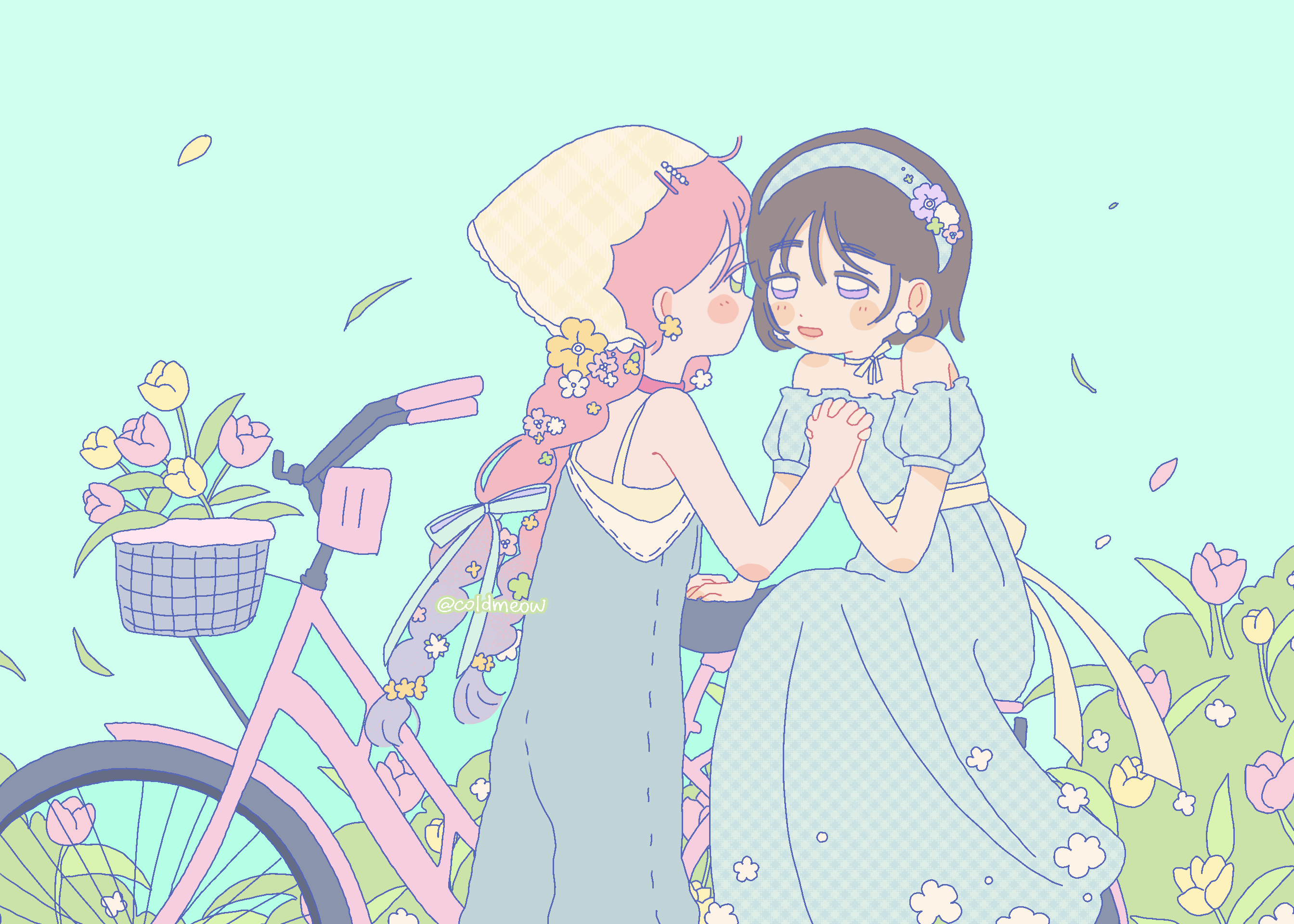 2girls alien_stage bandana bicycle bicycle_basket black_hair blue_dress blue_hairband blue_overalls braid chinese_commentary choker coldmeow commentary_request dress flower gingham_dress gingham_hairband green_eyes hair_flower hair_ornament hair_ribbon hairband highres holding_hands long_dress long_hair mizi_(alien_stage) multiple_girls off-shoulder_dress off_shoulder overalls pink_choker pink_flower pink_hair pink_tulip purple_eyes ribbon short_hair sitting smile sua_(alien_stage) tulip twin_braids white_choker yellow_bandana yellow_flower yellow_tulip