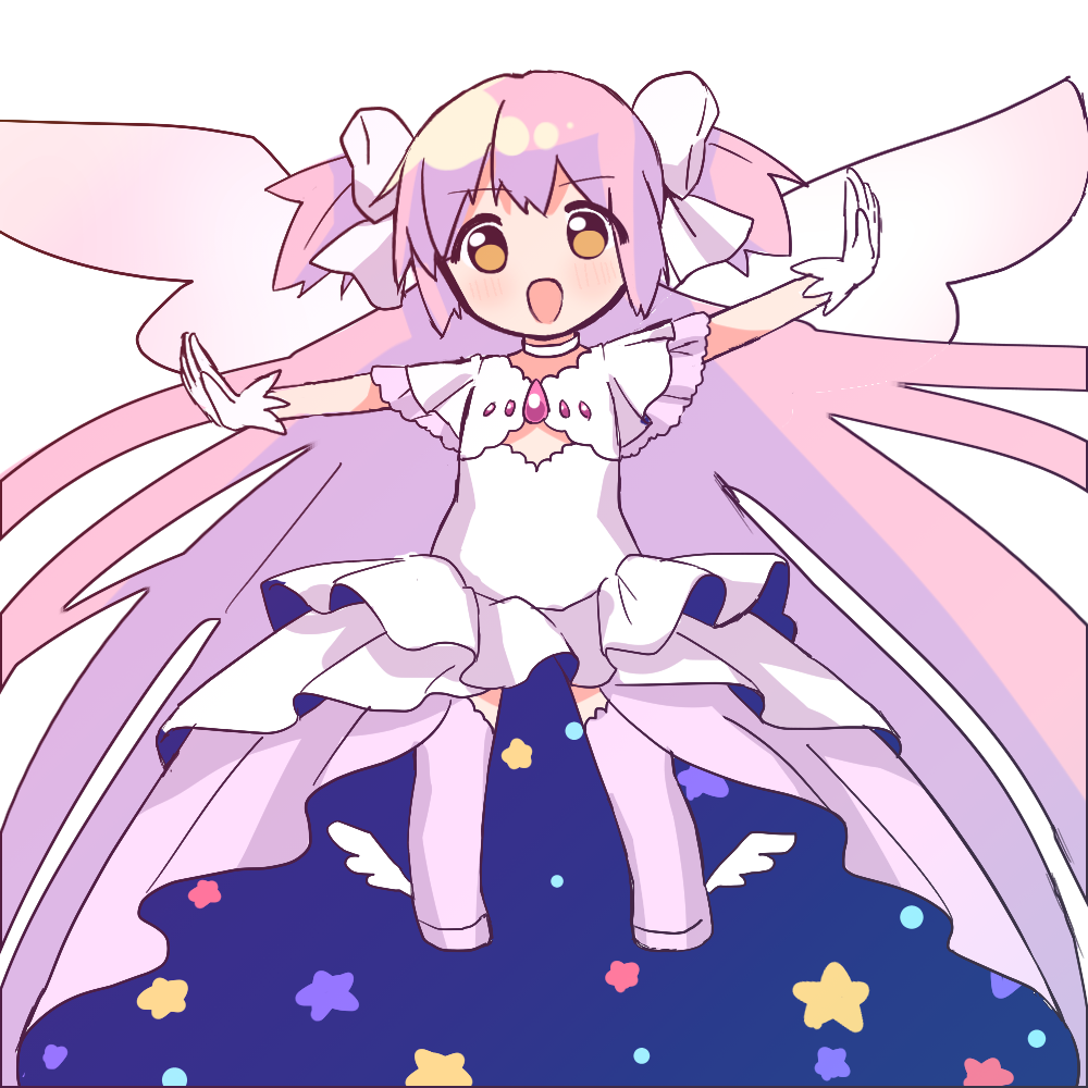 1girl absurdly_long_hair angel_wings blue_dress boots bow chest_jewel choker cleavage_cutout clothing_cutout deformed diamond_cutout dress flats frilled_dress frilled_sleeves frills full_body gem gloves gradient_wings hair_bow happy kaname_madoka light_blush long_dress long_hair looking_at_viewer mahou_shoujo_madoka_magica mahou_shoujo_madoka_magica_(anime) multicolored_wings open_mouth outstretched_arms pink_boots pink_gemstone pink_hair pink_thighhighs pink_wings pleated_skirt ruru_(rurumagi) short_sleeves simple_background skirt smile solo standing star_(symbol) star_print tareme thighhighs two-sided_dress two-sided_fabric two_side_up ultimate_madoka very_long_hair white_background white_bow white_choker white_dress white_gloves white_wings wide_sleeves winged_footwear wings yellow_eyes