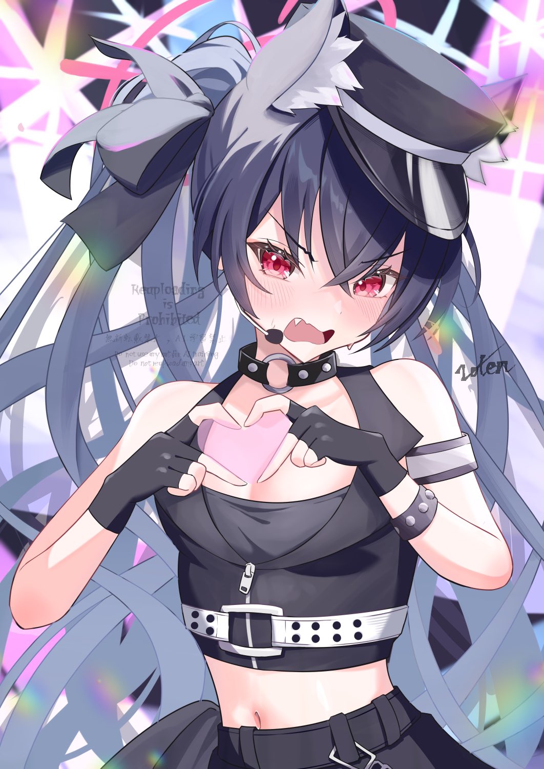 1girl belt belt_around_waist blue_archive choker earpiece fang halo hat highres idol idol_clothes mouthpiece navel noten_(notententen) o-ring o-ring_choker official_alternate_costume official_alternate_hairstyle peaked_cap pink_eyes pink_halo serika_(blue_archive) serika_(idol)_(blue_archive) solo white_belt