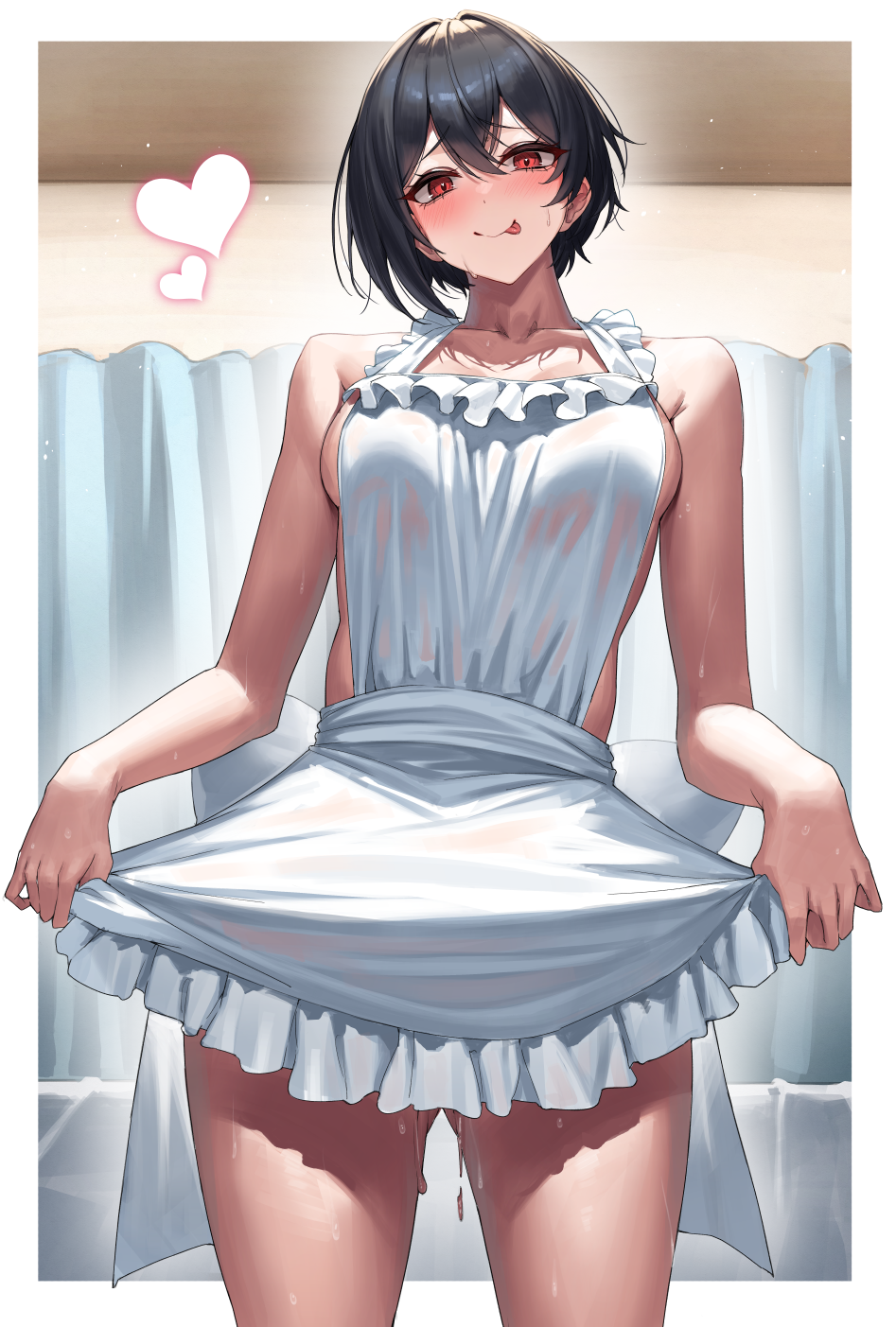 1girl :p apron bare_arms bare_shoulders black_hair breasts closed_mouth collarbone commentary_request cowboy_shot heart highres looking_at_viewer naked_apron original paid_reward_available red_eyes short_hair sideboob smile solo thighs tongue tongue_out yamanokami_eaka
