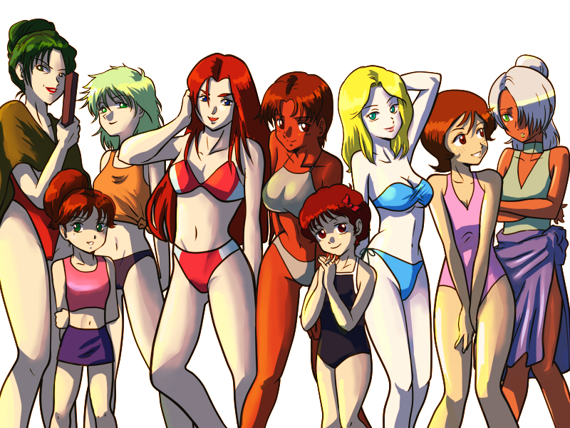 1980s_(style) 1boy 6+girls aina_saharin bandeau beltorchika_irma bikini blonde_hair blue_eyes breasts brown_eyes brown_hair christina_mackenzie cima_garahau cleavage collarbone crossdressing crossed_arms crossover dark_skin everyone fraw_bow freckles green_eyes green_hair gundam gundam_0080 gundam_0083 gundam_08th_ms_team gundam_f91 gundam_zz hair_bun in-franchise_crossover laura_rolla leina_ashta lipstick long_hair loran_cehack makeup marbet_fingerhat matirine midriff mobile_suit_gundam multiple_girls navel oldschool one-piece_swimsuit open_mouth own_hands_clasped own_hands_together ponytail red_eyes red_hair reese_arno retro_artstyle ribbon sarong short_hair side-tie_skirt silver_hair simple_background single_hair_bun skirt smile swimsuit tank_top teeth trap turn_a_gundam underboob victory_gundam white_background zeta_gundam