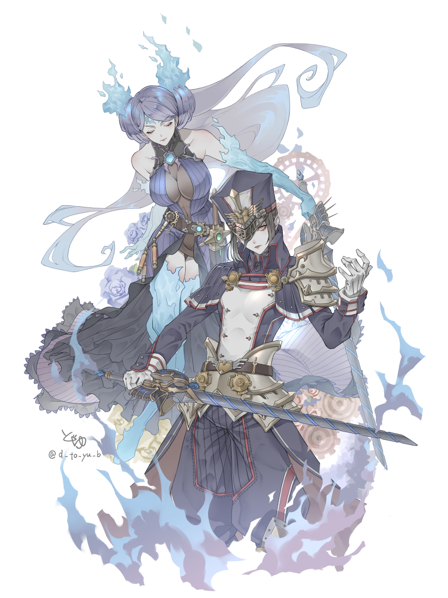 2girls artist_name black_hair blue_fire blue_flower breasts brighid_(xenoblade) closed_eyes closed_mouth dress fiery_hair fire flower hashtag-only_commentary highres holding holding_sword holding_weapon large_breasts long_dress morag_ladair_(xenoblade) multiple_girls ryokuyuu simple_background standing sword twitter_username visor_(armor) weapon whip_sword white_background xenoblade_chronicles_(series) xenoblade_chronicles_2