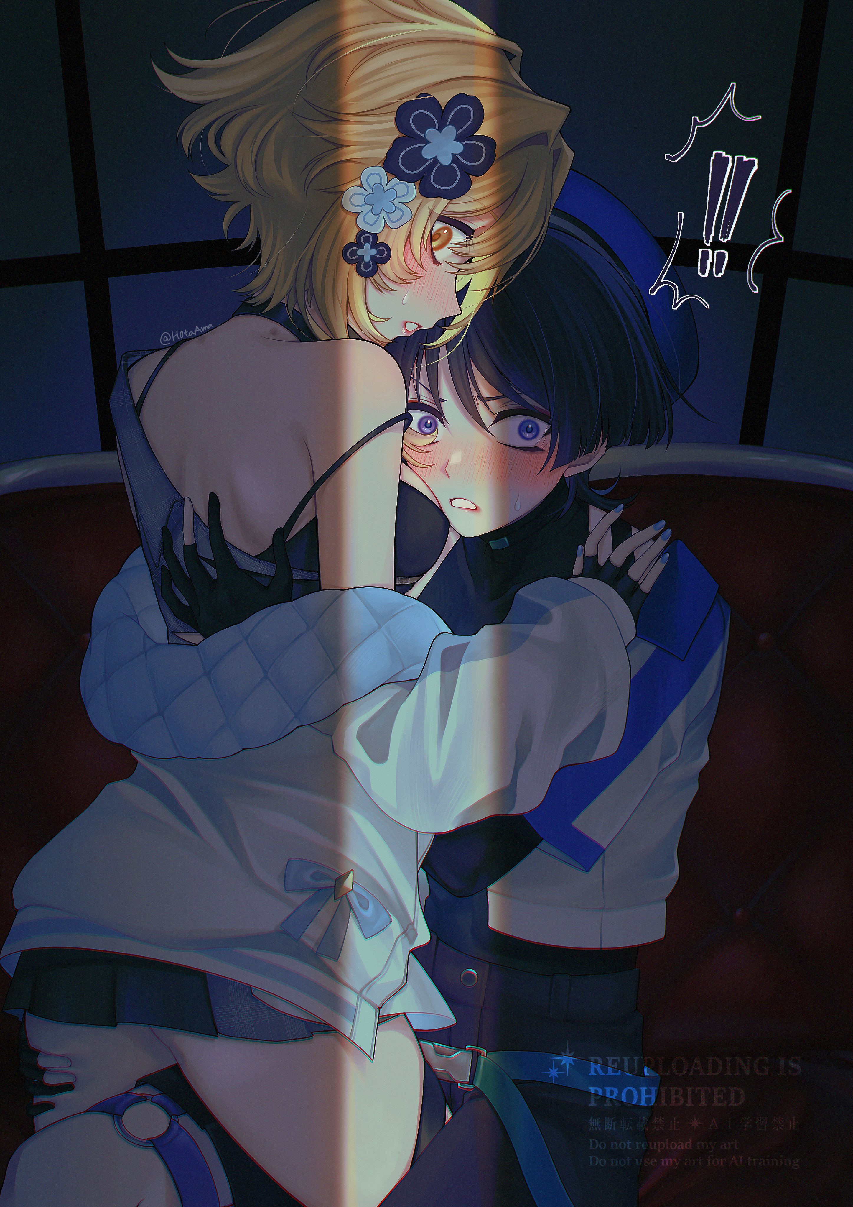 ! !! 1boy 1girl absurdres amano_hotaru_(hotaama) bare_shoulders black_gloves black_shorts black_skirt blonde_hair blush couch couple cowboy_shot dress fingerless_gloves genshin_impact gloves hand_on_another's_thigh hetero highres looking_at_viewer lumine_(genshin_impact) off_shoulder official_alternate_costume on_couch open_mouth purple_eyes purple_hair scaramouche_(genshin_impact) shirt short_hair shorts sitting skirt white_dress white_shirt yellow_eyes