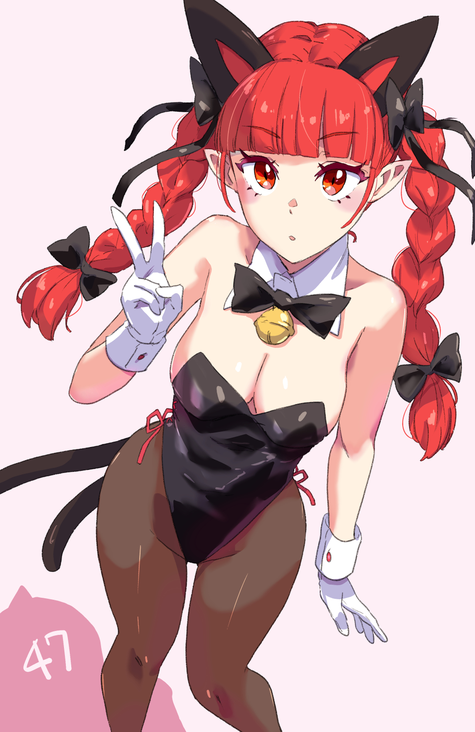 1girl :o animal_ears black_bow black_bowtie black_leotard blunt_bangs bow bowtie braid breasts brown_pantyhose cat_ears cat_girl cat_tail cleavage detached_collar feet_out_of_frame from_above gloves hair_bow highres jack_(wkm74959) kaenbyou_rin kittysuit leotard long_hair medium_breasts multiple_tails nontraditional_playboy_bunny one-hour_drawing_challenge open_mouth pantyhose pointy_ears red_eyes red_hair solo tail touhou twin_braids white_gloves