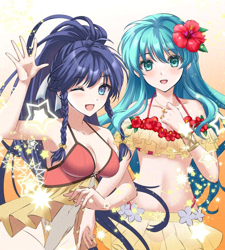 2girls aqua_eyes aqua_hair bikini blue_hair braid braided_sidelock breasts cleavage eirika_(fire_emblem) eirika_(summer)_(fire_emblem) fire_emblem fire_emblem:_the_sacred_stones fire_emblem_heroes flower gradient_background hair_flower hair_ornament hibiscus kakiko210 long_hair looking_at_viewer medium_breasts multiple_girls navel nintendo official_alternate_costume one_eye_closed open_mouth red_bikini smile star_(symbol) swimsuit tana_(fire_emblem) tana_(noble_and_nimble)_(fire_emblem) twin_braids very_long_hair yellow_bikini