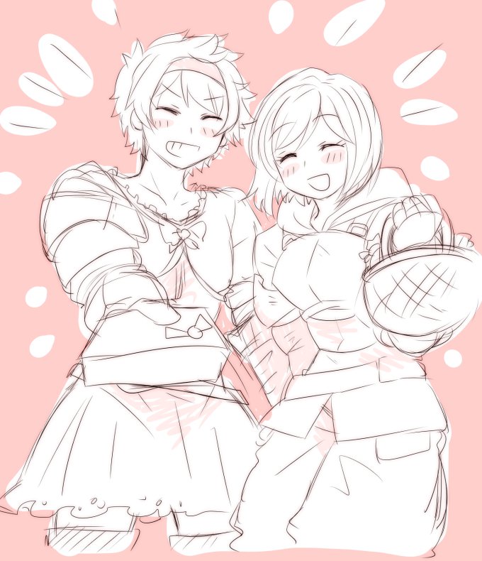 1boy 1girl basket cosplay costume_switch crossdressing djeeta_(granblue_fantasy) djeeta_(granblue_fantasy)_(cosplay) fighter_(granblue_fantasy) gauntlets gran_(granblue_fantasy) gran_(granblue_fantasy)_(cosplay) granblue_fantasy hairband hood hoodie pink_background simple_background smile valentine