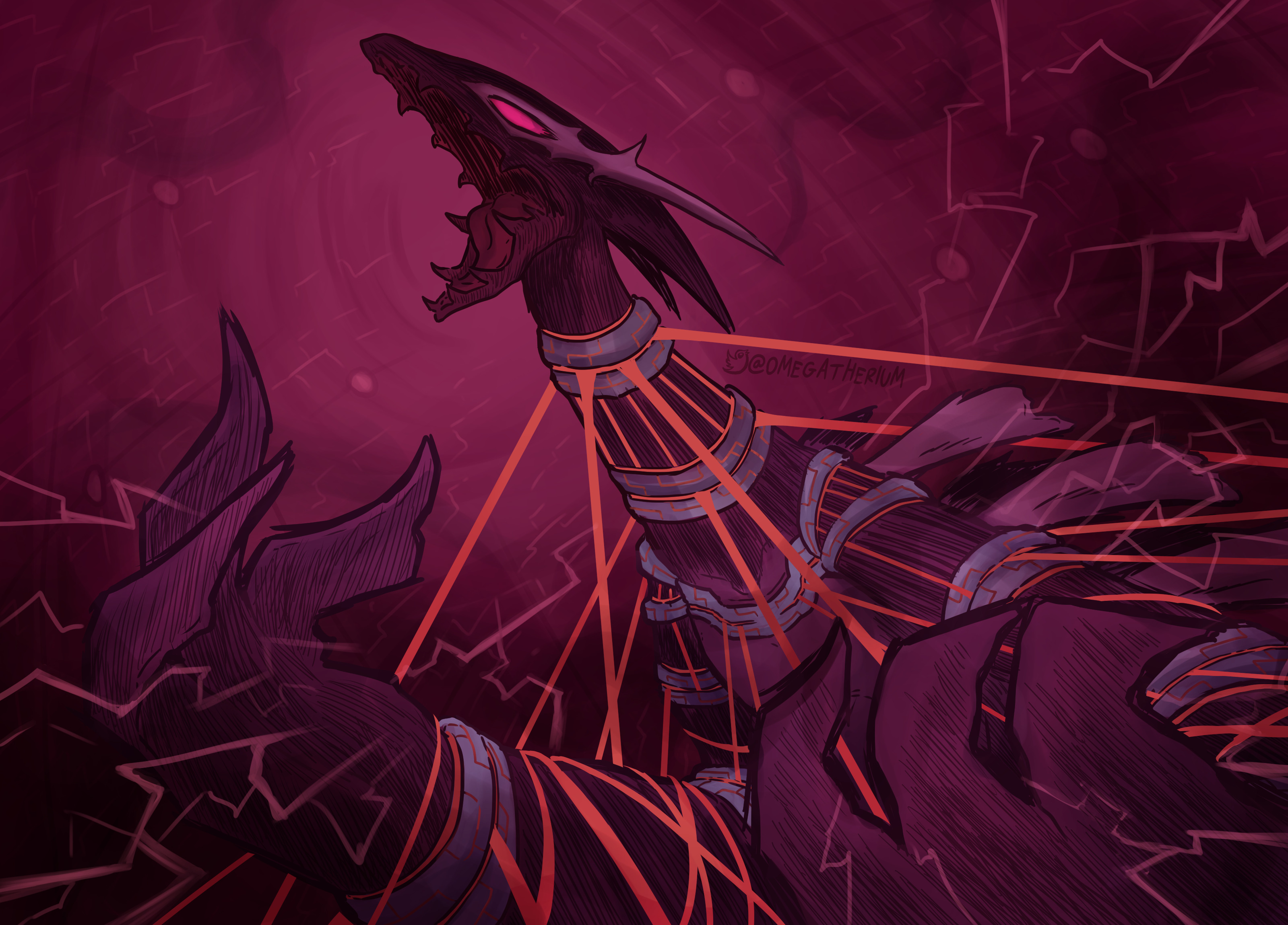 absurdres collar cuffs gen_2_pokemon highres legendary_pokemon lugia manhunter4art nintendo no_humans pokemon pokemon_xd red_eyes restrained roaring shackles shadow_lugia sharp_teeth teeth