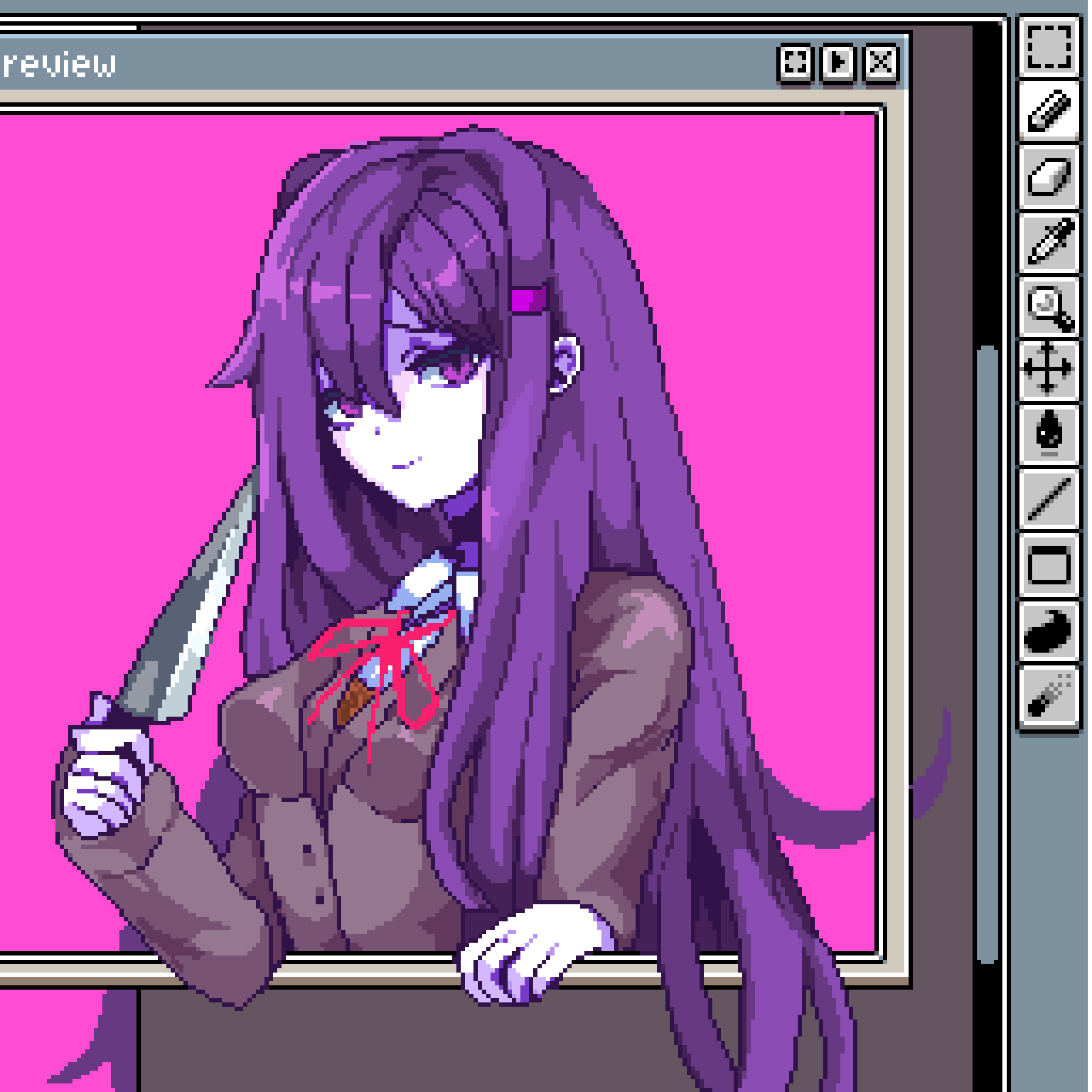 1girl breasts closed_mouth commentary doki_doki_literature_club doki_doki_literature_club_school_uniform double-parted_bangs grey_jacket hair_between_eyes hair_ornament hashtag-only_commentary highres holding holding_knife jacket knife long_hair long_sleeves looking_at_viewer medium_breasts neck_ribbon pink_background pixel_art pixelcadete purple_eyes purple_hair red_ribbon ribbon school_uniform smile solo window_(computing) yuri_(doki_doki_literature_club)