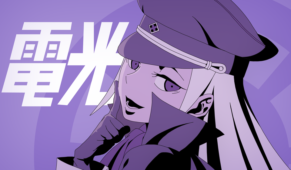 1girl akatsuki_blitzkampf cape death_parade female_focus gloves hat long_hair looking_at_viewer military military_uniform monochrome parody peaked_cap perfecti purple_background purple_theme smile smug solo tiwangzha white_hair