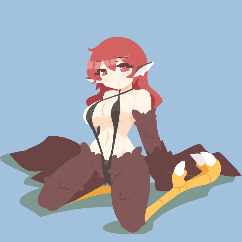 1girl animal_ears bare_shoulders big_o_pants bird_ears bird_legs black_feathers black_slingshot_swimsuit black_wings blue_background blush breasts commentary_request feathers fio-chan_(big_o_pants) hair_between_eyes harpy large_breasts long_hair looking_at_viewer monster_girl original red_eyes red_hair simple_background sitting slingshot_swimsuit solo swimsuit talons wariza winged_arms wings
