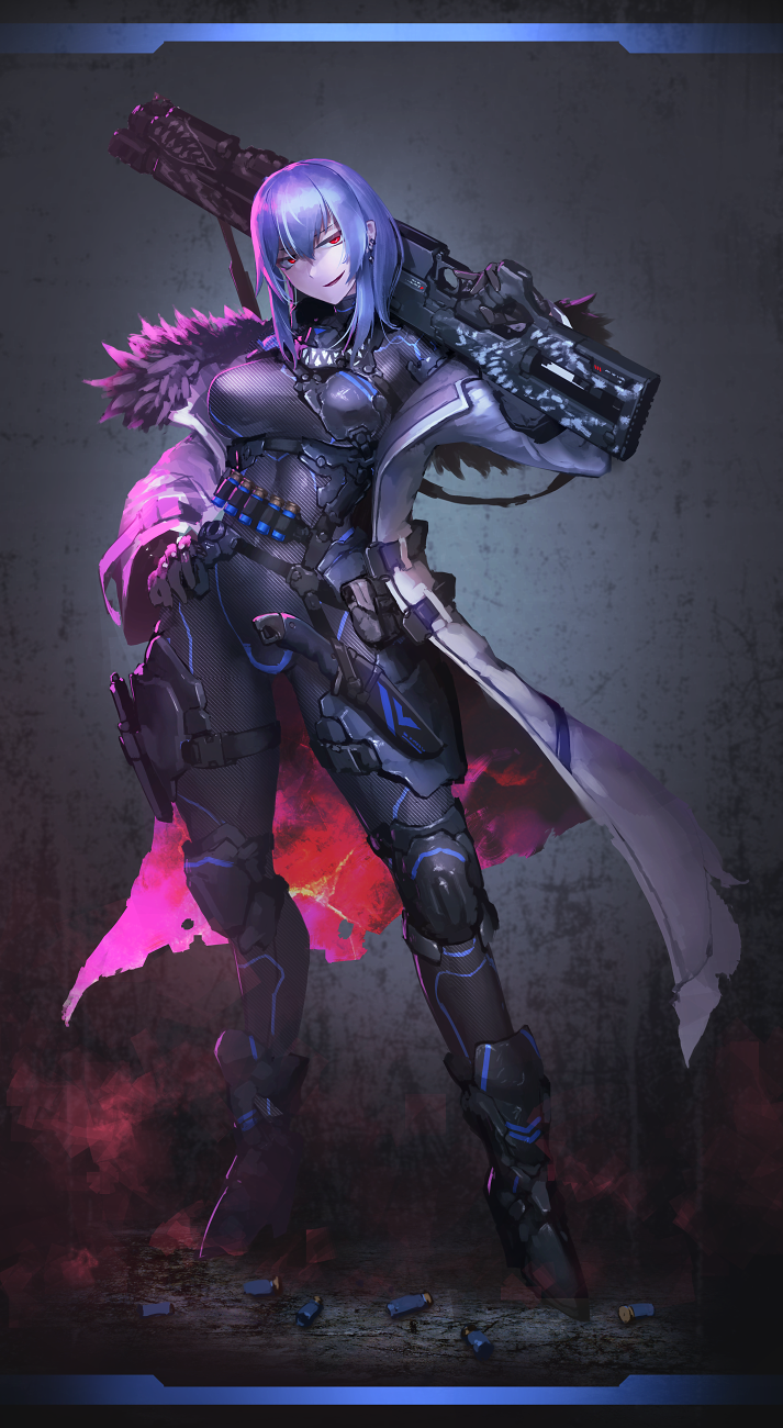 1girl bandolier belt black_bodysuit blue_hair bodysuit breasts coat commission dated_commentary full_body fur_trim grin gun hand_on_own_hip hetza_(hellshock) highres holding holding_weapon knife large_breasts looking_at_viewer original red_eyes sheath sheathed shotgun_shell skeb_commission smile solo standing torn_clothes weapon white_coat