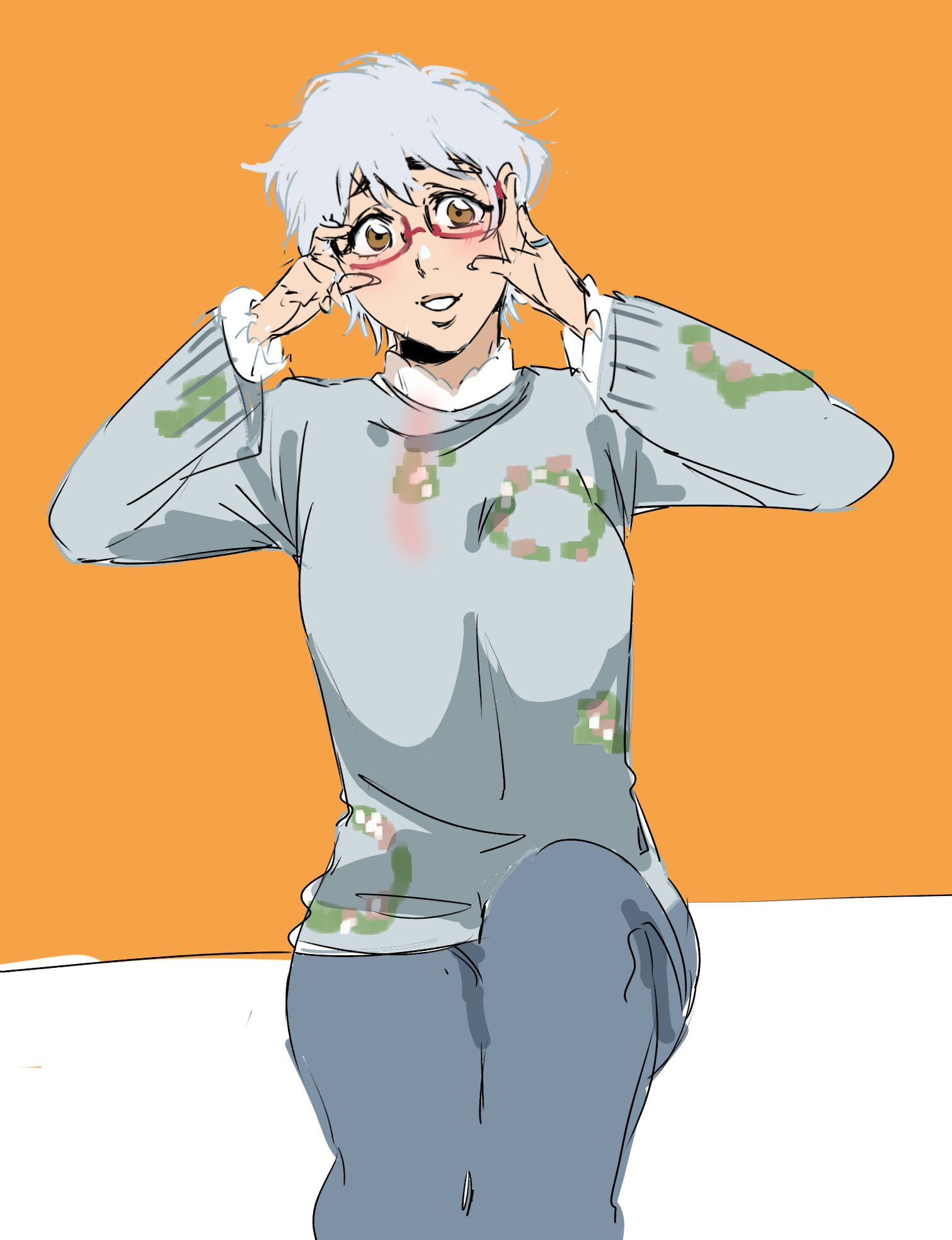 1girl adjusting_eyewear bleach bleach:_sennen_kessen-hen blush breasts brown_eyes denim flower_print glasses jeans jewelry kotetsu_isane kubo_tite_(style) looking_at_viewer orange_background pants ring sekihan_(6kihan) short_hair sitting sketch smile solo sweater thick_eyebrows white_hair