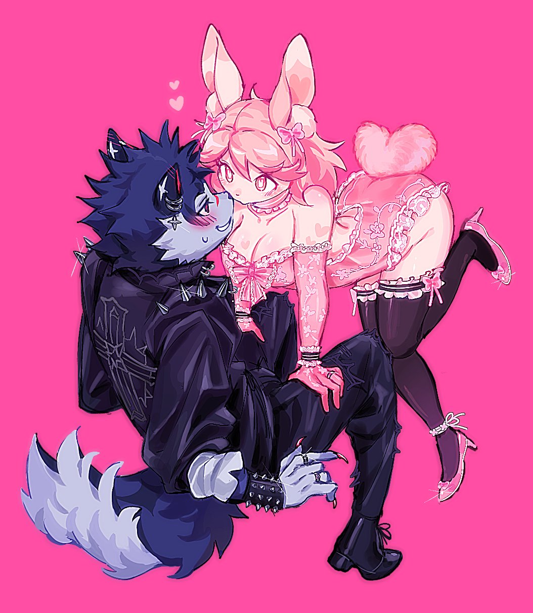 1boy 1girl animal_ears black_jacket black_pants black_thighhighs bracelet breasts cleavage commentary couple eye_contact full_body furry furry_female furry_male furry_with_furry hetero high_heels highres interspecies jacket jewelry large_breasts leather leather_jacket lingerie looking_at_another neku_boo original pants pink_background pink_hair punk rabbit_ears rabbit_girl rabbit_tail short_hair simple_background snout spiked_bracelet spiked_jacket spikes symbol-only_commentary tail thighhighs underwear wolf_boy wolf_ears wolf_tail