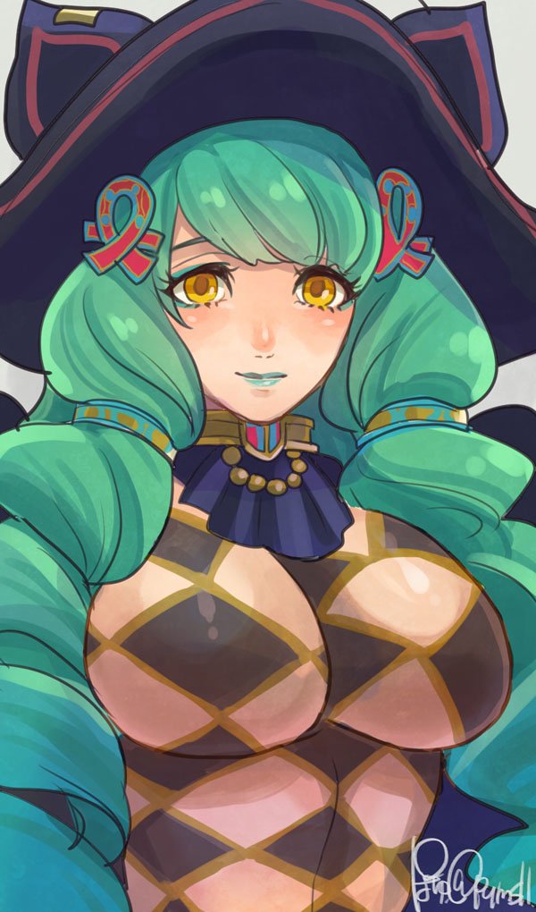 1girl argyle_clothes argyle_cutout black_gloves breasts closed_mouth clothing_cutout drill_hair fiore_brunelli gloves green_hair hair_ornament hat large_breasts long_hair looking_at_viewer makeup payu_(pyms11) revealing_clothes simple_background smile solo star_ocean star_ocean_integrity_and_faithlessness twin_drills witch_hat yellow_eyes