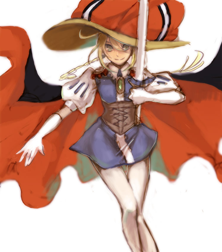 1girl ahoge artoria_pendragon_(fate) blonde_hair braid cape corset cosplay crossover elbow_gloves fate/stay_night fate_(series) female_focus gloves green_eyes hat nozawa_yukiko pantyhose princess_sapphire princess_sapphire_(cosplay) puffy_sleeves ribbon_no_kishi saber_(fate) solo sword weapon