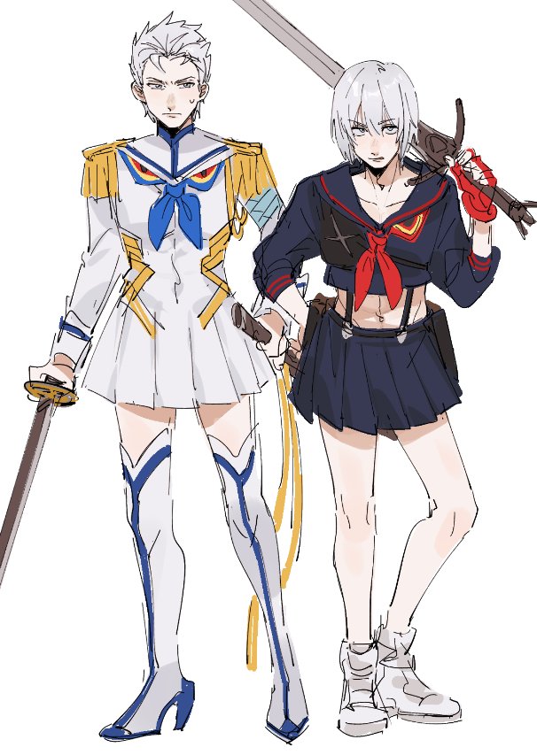 2boys blue_eyes boots brothers closed_mouth cosplay crossdressing crossover dante_(devil_may_cry) devil_may_cry devil_may_cry_(series) devil_may_cry_3 fingerless_gloves full_body gloves hair_between_eyes hair_slicked_back holding holding_sword holding_weapon katana kill_la_kill kiryuuin_satsuki kiryuuin_satsuki_(cosplay) looking_at_viewer male_focus matoi_ryuuko matoi_ryuuko_(cosplay) merrydoground multiple_boys navel pale_skin red_gloves school_uniform siblings skirt sword thigh_boots trap twins vergil_(devil_may_cry) weapon white_hair yamato_(sword)